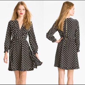 Kate Spade Black Polka Dot Ruffled Silk Long Sleeve A-Line Mini Dress